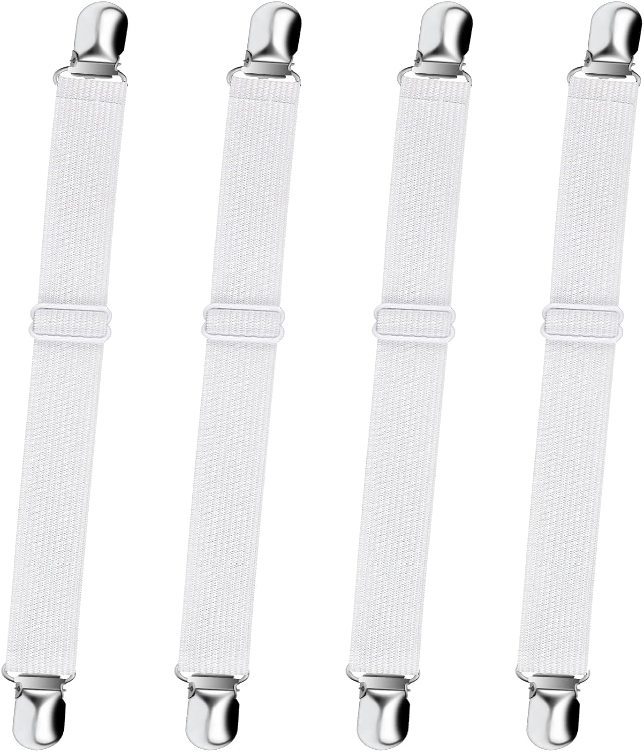 Bed Sheet Straps, Adjustable Elastic Fitted Sheet Corner Holders Straps to Stay in Place, Non-Slip Fasteners Clips Compatible for Crib to King Size Bed, White 4Pcs