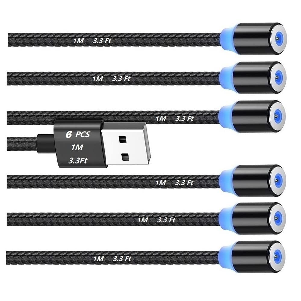 Magnetic Charging Cable 6pcs,Just 360°Rotate Magnetic Cables Without Magnetic Charging Tips, 3.3ft/1m,2.4 A Max 3in1 Nylon Braid Cord 3.3ft/Black , 6PC/3.3ft/Black