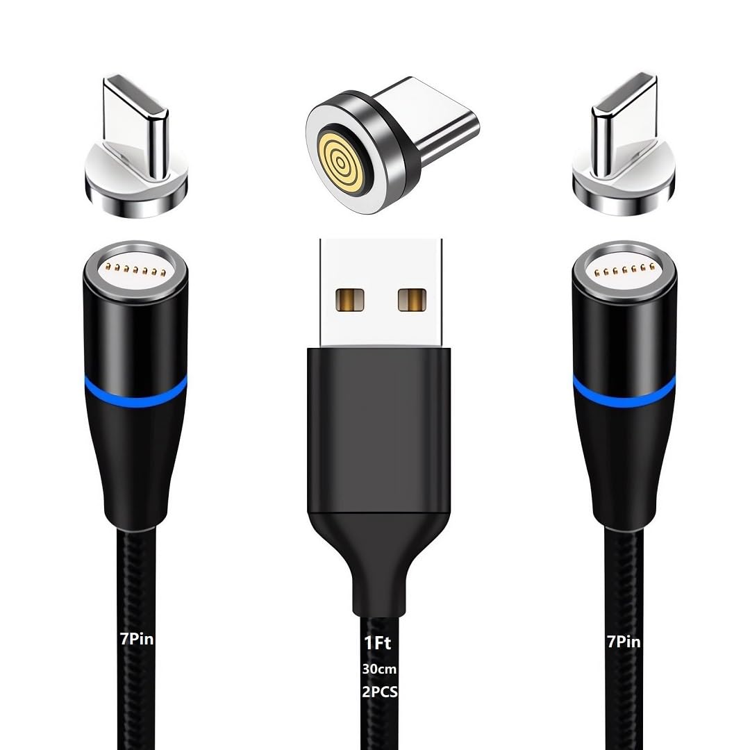 Magnetic Charging Cable 7Pin Sereis 2Pack 1Ft USB-C Short Cable Sets–Fast Charging Compatible for USB Type-C Devices 2PCS/1FT/360°7Pin/Black
