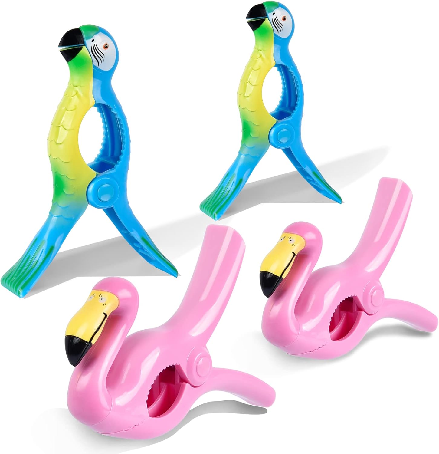 Beach Towel Clips, Jumbo Size Towel Clips for Beach Chairs Cruise Pool Patio or Daily Use-Secure Hang Seal, Set of 4 Flamingo Parrot