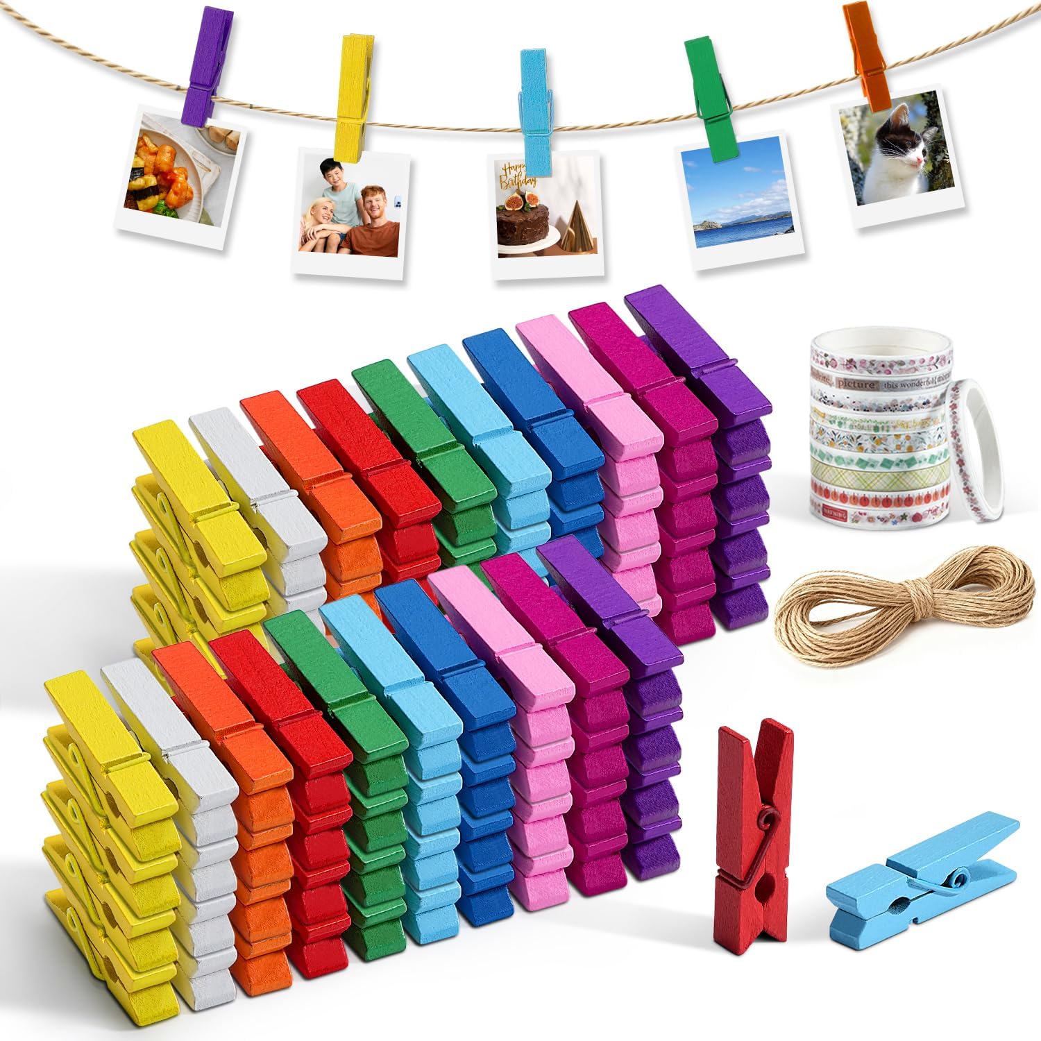 Mini Clothespins, 100 Pcs 1.4'' Strong Mini Clothespins for Photos with 10 Pcs Washi Tapes and 43 Ft Jute Twine, Colorful Wooden Small Clothes Pins for Picture, Crafts, Baby Shower