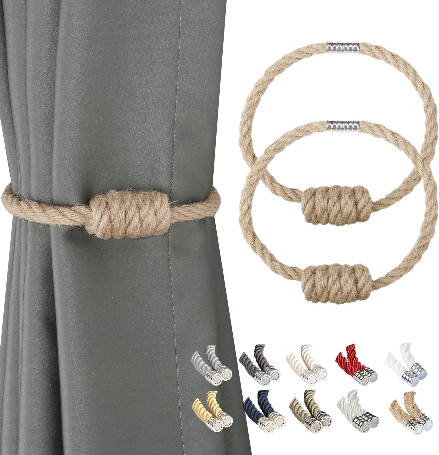 Magnetic Jute Curtain Tiebacks, Decorative Drapery Holdbacks Bohemian Style Woven Tie-Backs with Exquisite Knot Jute, 2 Pack