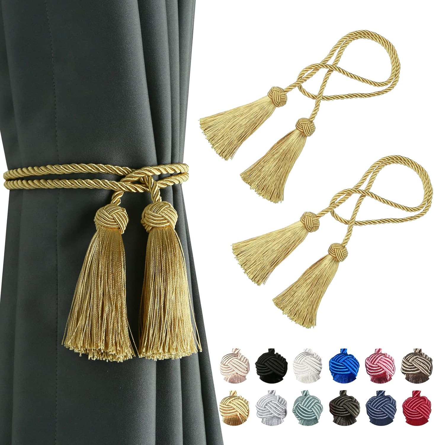 2 Pack Curtain Handmade Tiebacks Decorative Curtain Holdbacks with Tassel Gold, 2 Pack