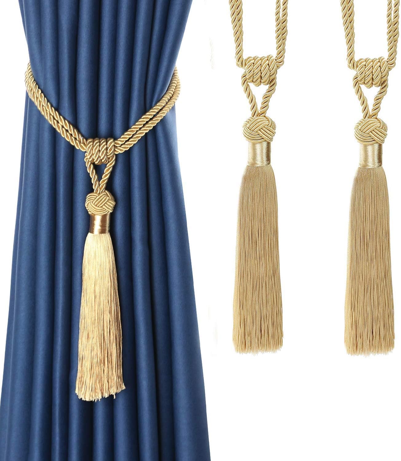 Curtain Tiebacks Hand-Woven Holdbacks Home Decorative Tassels Tiebacks Gold, 2 Pack