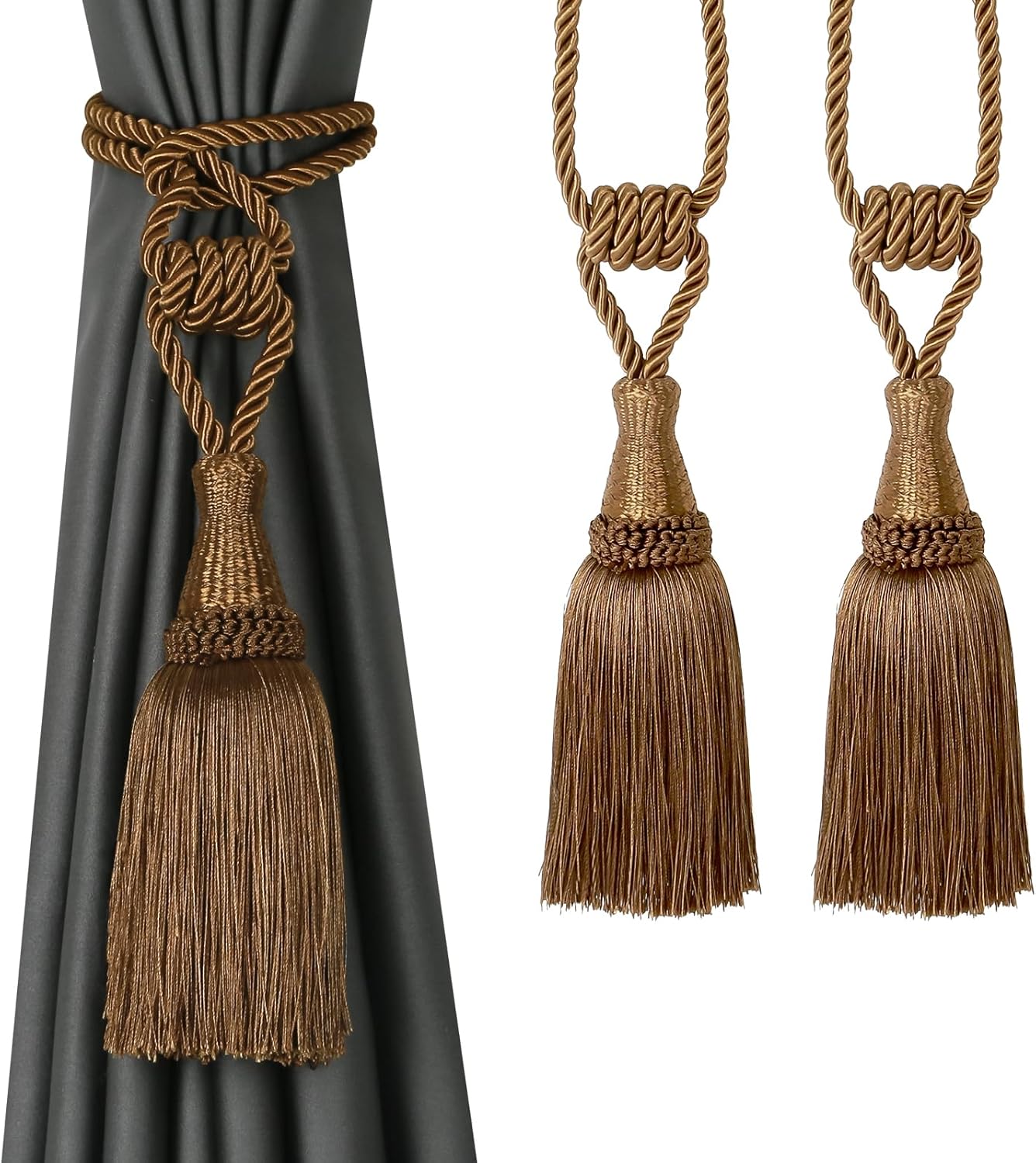 Curtain Tiebacks Handmade Holdbacks for Curtains Drape Decorative Tie Backs with Tassels Coffee, 2 Pack
