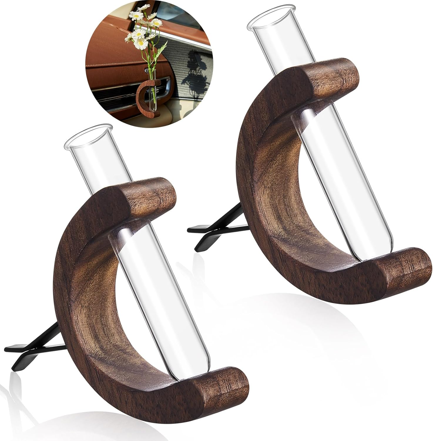 2 Pcs Mini Glass Car Flower Vase Clip Holder Car Propagation Vase Vent Clip Plant Holder Auto Glass Tube for Plants Decor Wooden Ornament Decorations Accessories Walnut Color