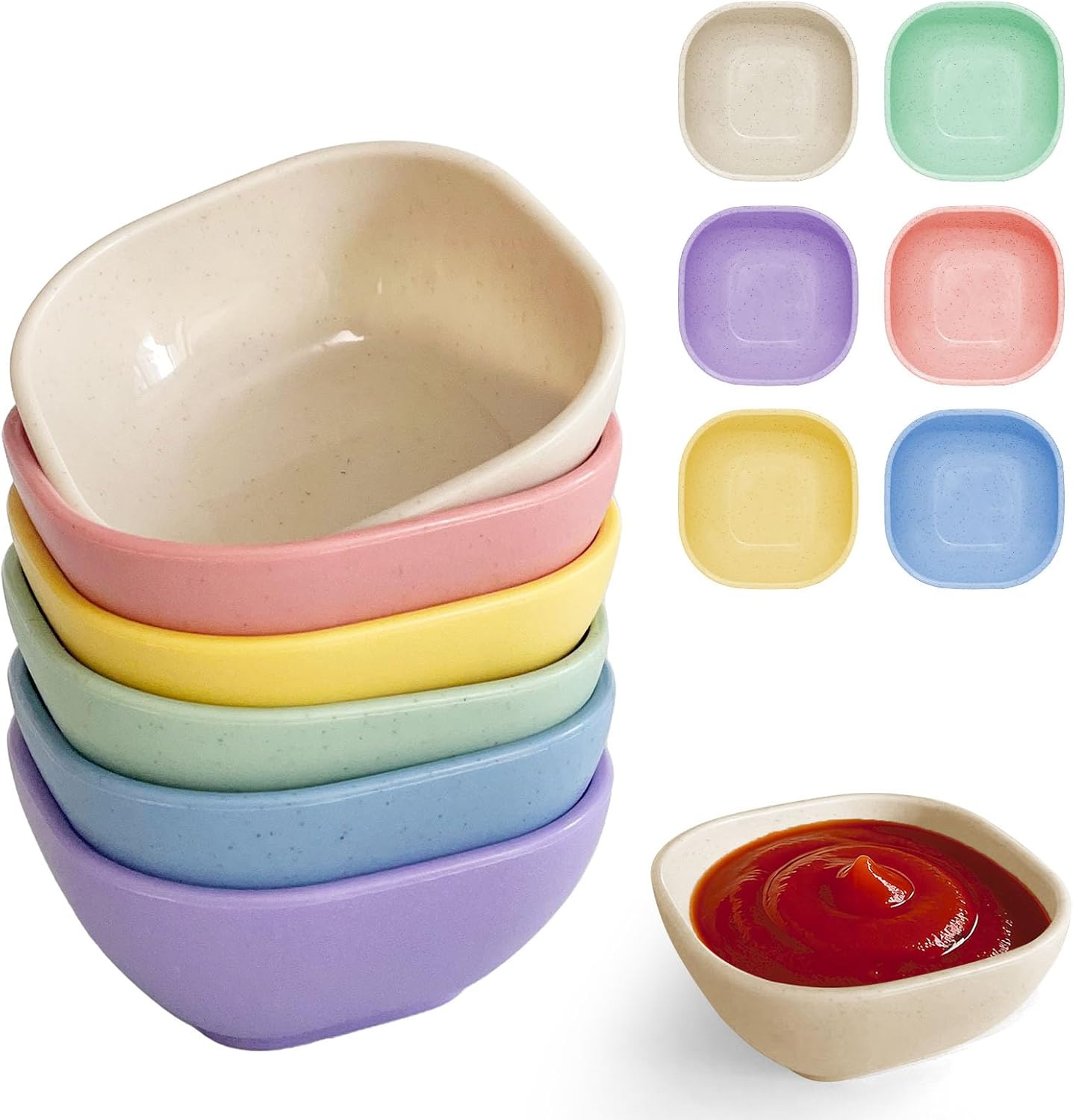 6 Pack Small Plastic Bowls 4.5 OZ Unbreakable Wheat Straw Dipping Bowls,plastic ramekins, Assorted Colors Dipping Sauce Cups, dip cups, Dessert, Ketchup