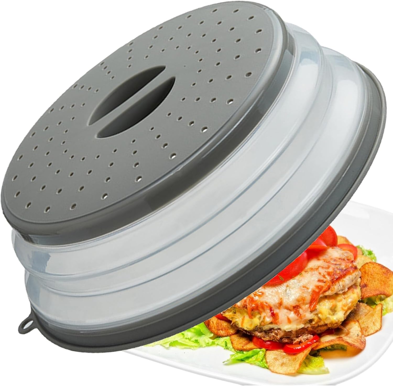 Microwave Splatter Cover Vented for Food, Splatter Guard & Colander Kitchen Gadget for Fruit Vegetables Microwave Plate Cover with Hook Hole,Dishwasher-Safe,BPA-Free Silicone & Plastic 1 Pack