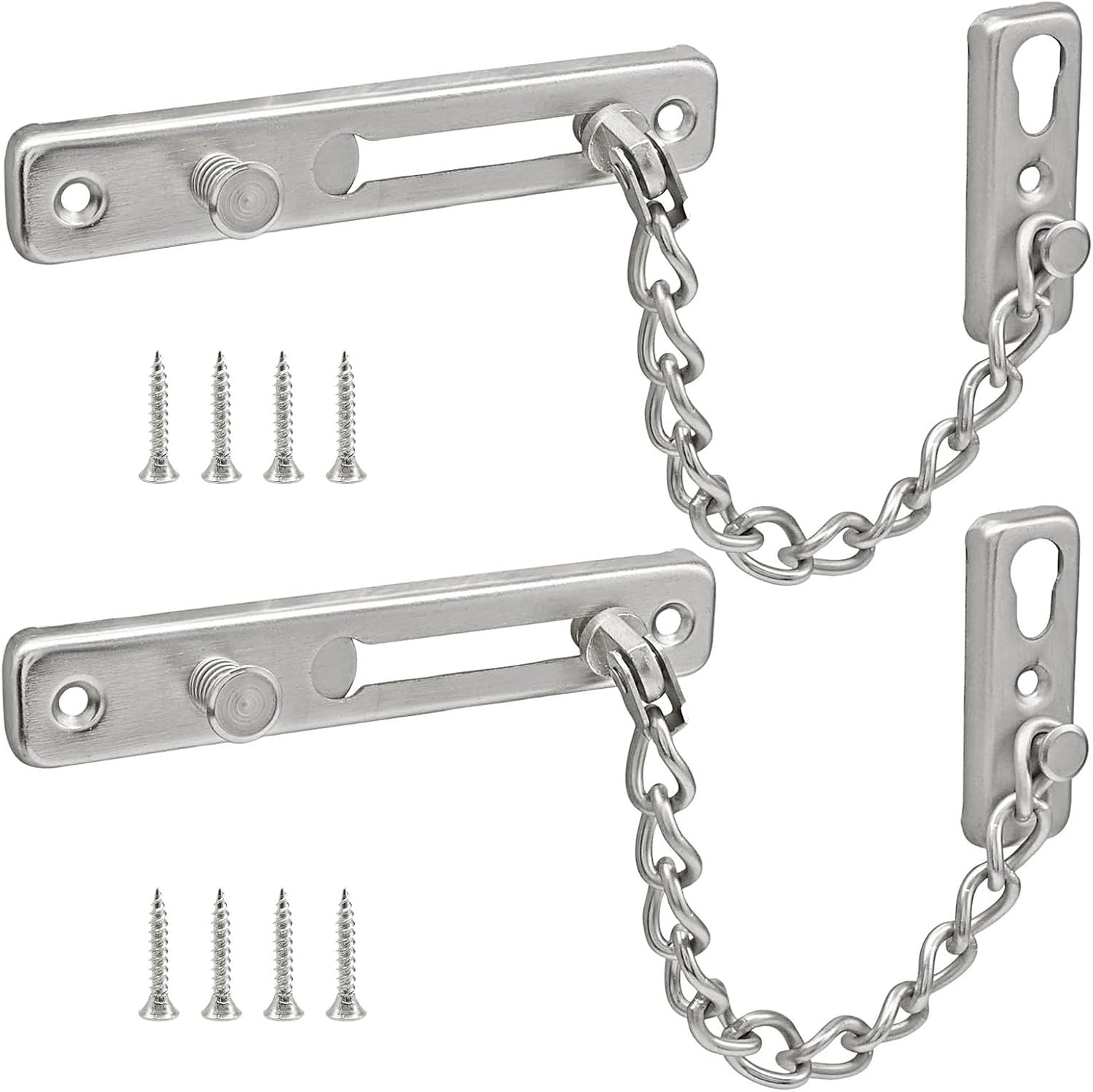 Heavy Duty Door Chain Lock with Mounting Screws, Stainless Steel Door Chain Guard for Front Doors, Pet Safe Silver, 2 Pack