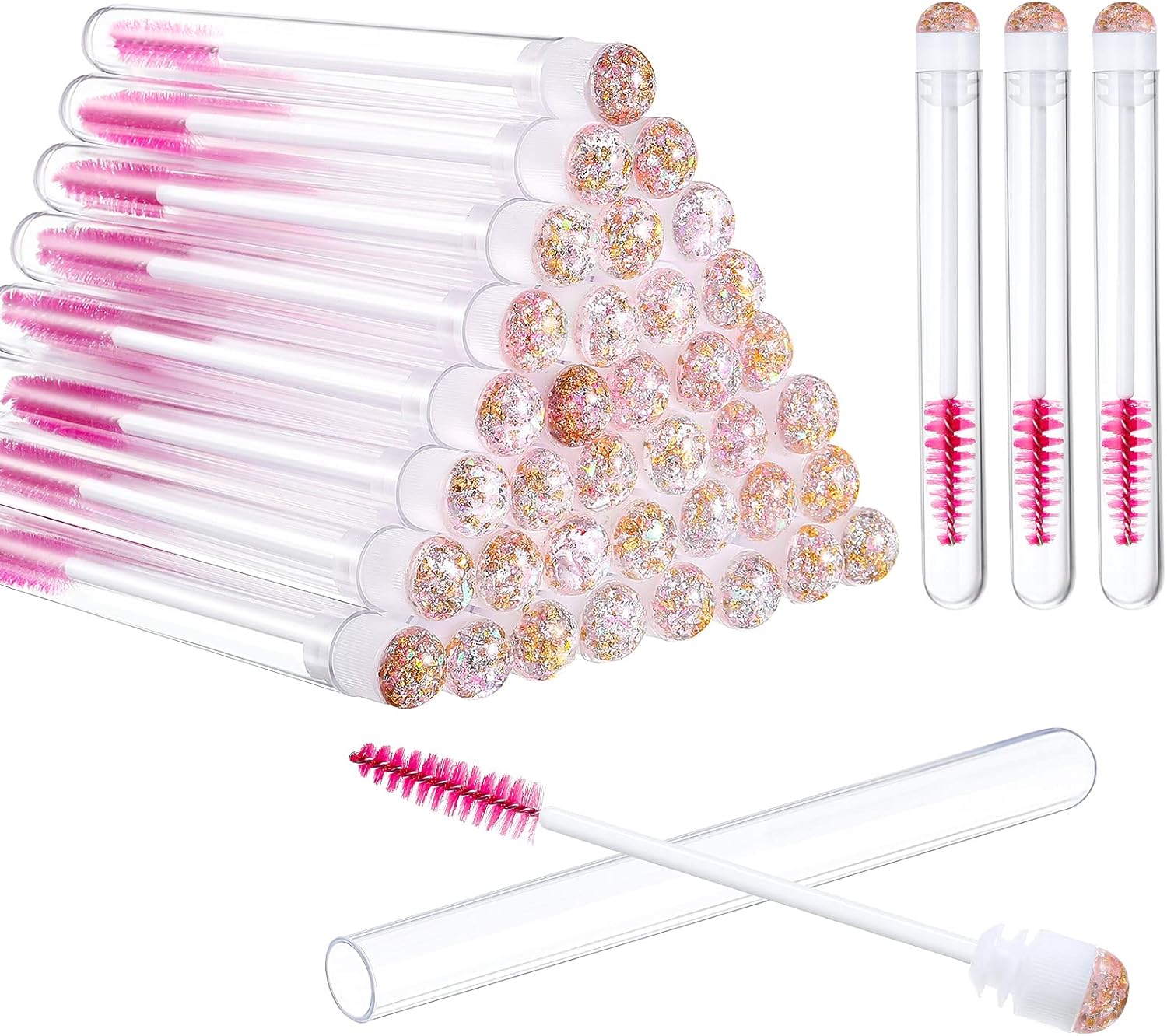 80 Pieces Disposable Mascara Brushes Tubes Set, 40 Pieces Empty Mascara Wand Tube with 40 Pieces Eyelash Brush Makeup Tool for Eyelash Extension Pink Gold Sequins Style