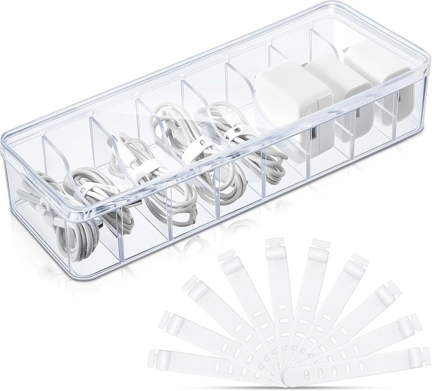 1 Pcs Cable Organizer Box with Wire Ties, Plastic Cord Storage Box with Lid, Electronics Organizer for Home Office Desk Organizers and Accessories Clear