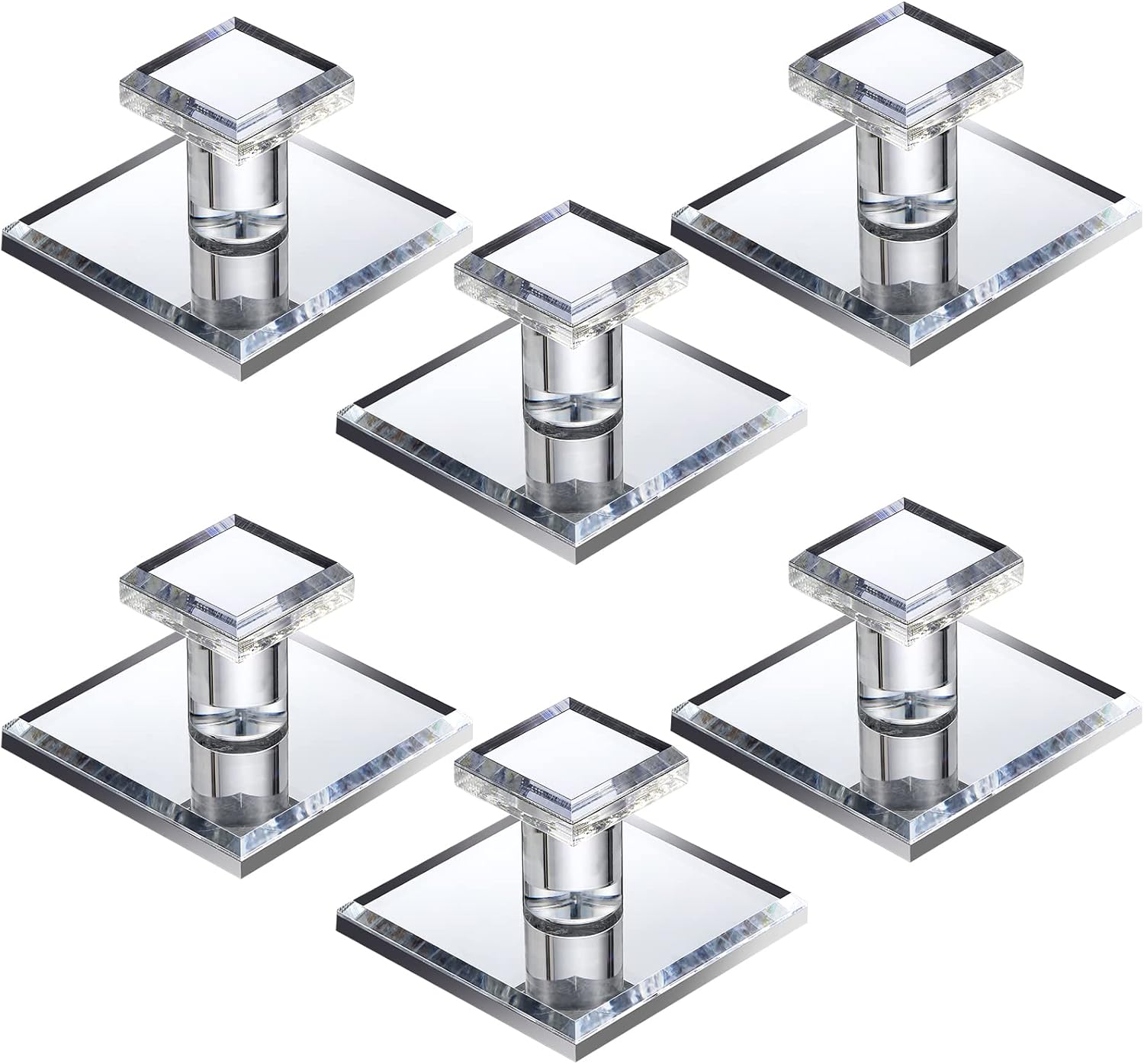 6 Pcs Stick on Knobs Adhesive Cabinet Handles Acrylic Mirror Pull Handles Clear Beveled Mirror Knobs Small Square for Cabinet Wardrobe Windows Drawer Door 1.75'' X 1.75''