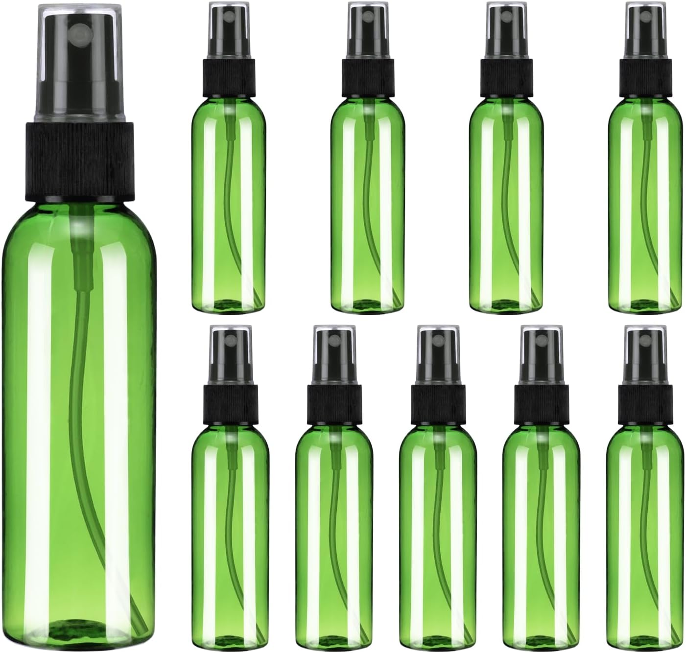 10Pack Spray Bottles, 2 Oz/60ML Reusable Clear Empty Mist Plastic Mini Travel Bottle Set,Small Refillable Liquid Containers for Household Use, Essential Oil, Cleaning Green Black