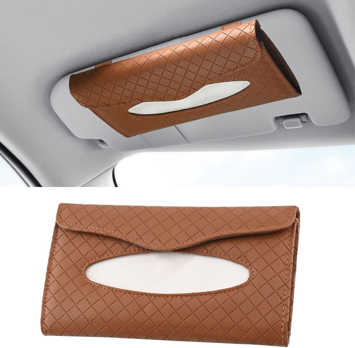 Car Tissue Holder, PU Leather Auto Napkin Holder for Visor & Backseat, Automotive Mask Organizer Case to Keep Vehicle Tidy, Universal Interior Accessories for Sedan Truck SUV Brown