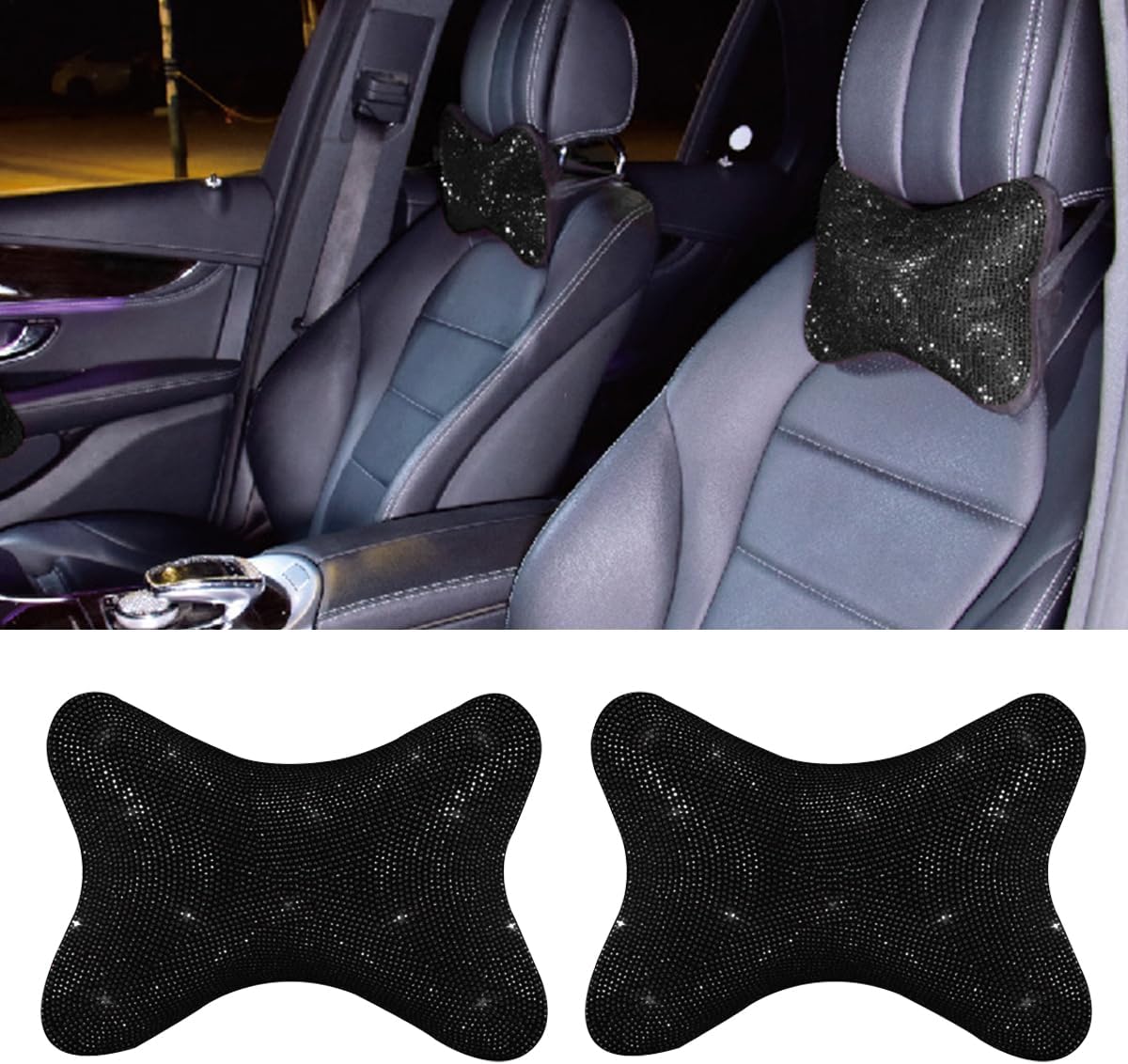 2PCS Car Neck Pillow for Driving Seat, Bling Crystal Rhinestone Diamond Comfortable Headrest Cushion, Head Rest Neck Support Relax, Car Interior Accessories for Women Girly Black
