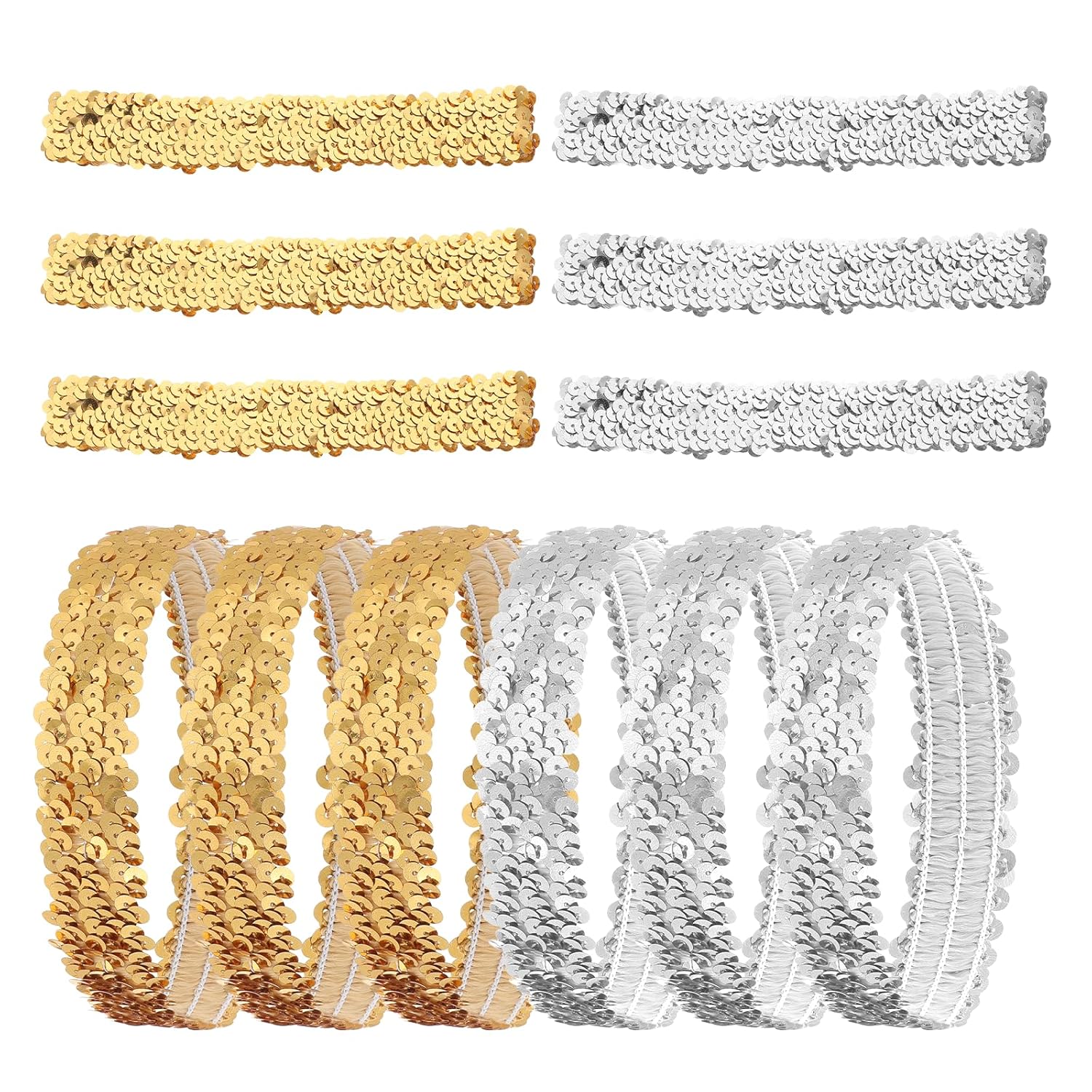 Silver Sequin Headband, 12 PCS 80s 90s Vintage Elastic Sparkle Dance Stretch Head Band Disco Hair Band Stylish Glitter Headpiece Shimmering Party Hair Accessories for Girls Women Silver, Gold