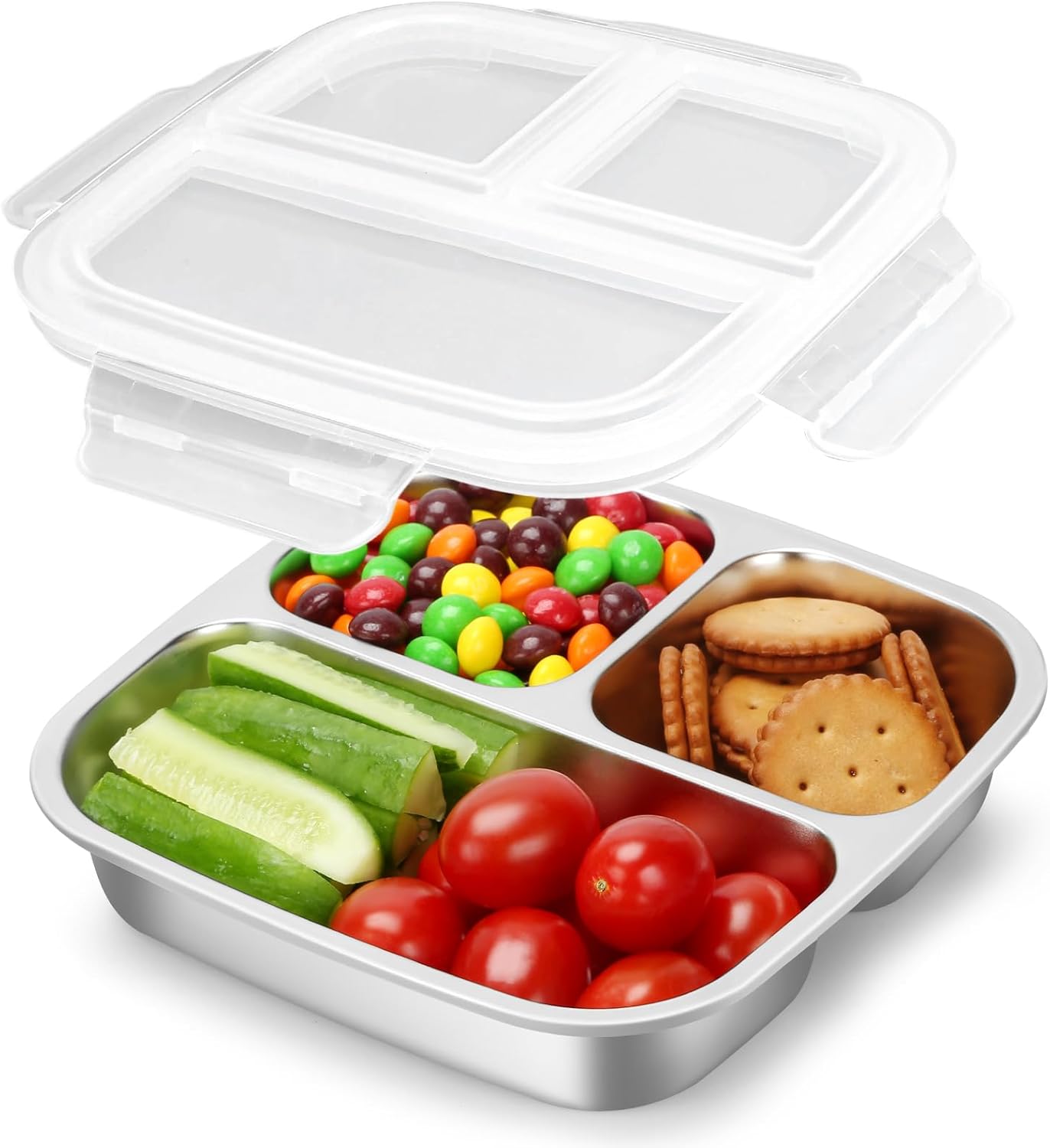 Stainless Steel Snack Containers With Lids, 3 Compartment Leak-proof Bento Box, 20 oz Reusable Grab and Go Food Storage Containers for School, Home, Office, and Camping, Dishwasher-Safe