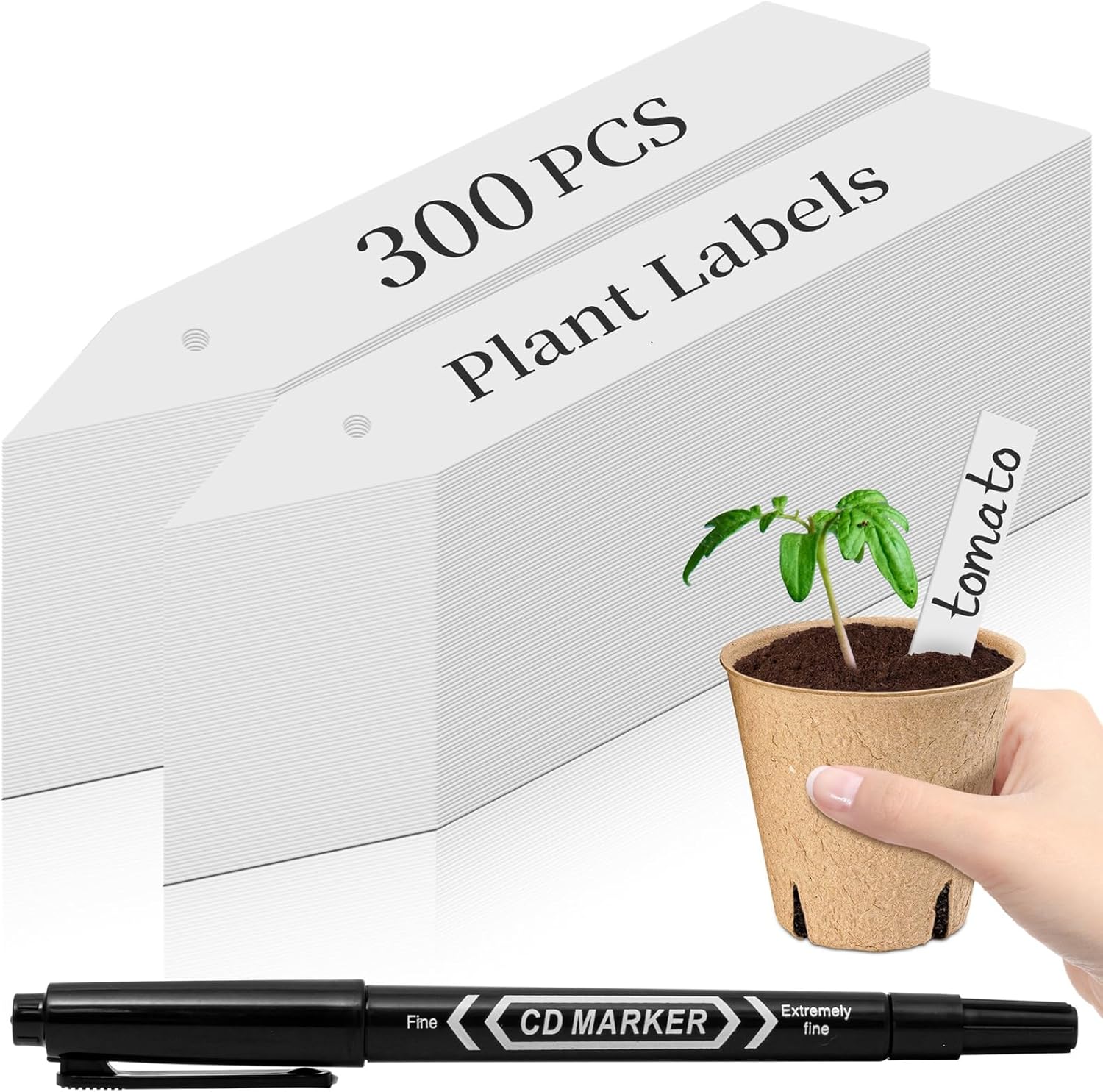 ® 300Pcs 4" Plant Labels with Marker Pen, Waterproof Plastic Plant Tags for Outdoor Seedlings Vegetable Garden Signs Markers Label Stakes White
