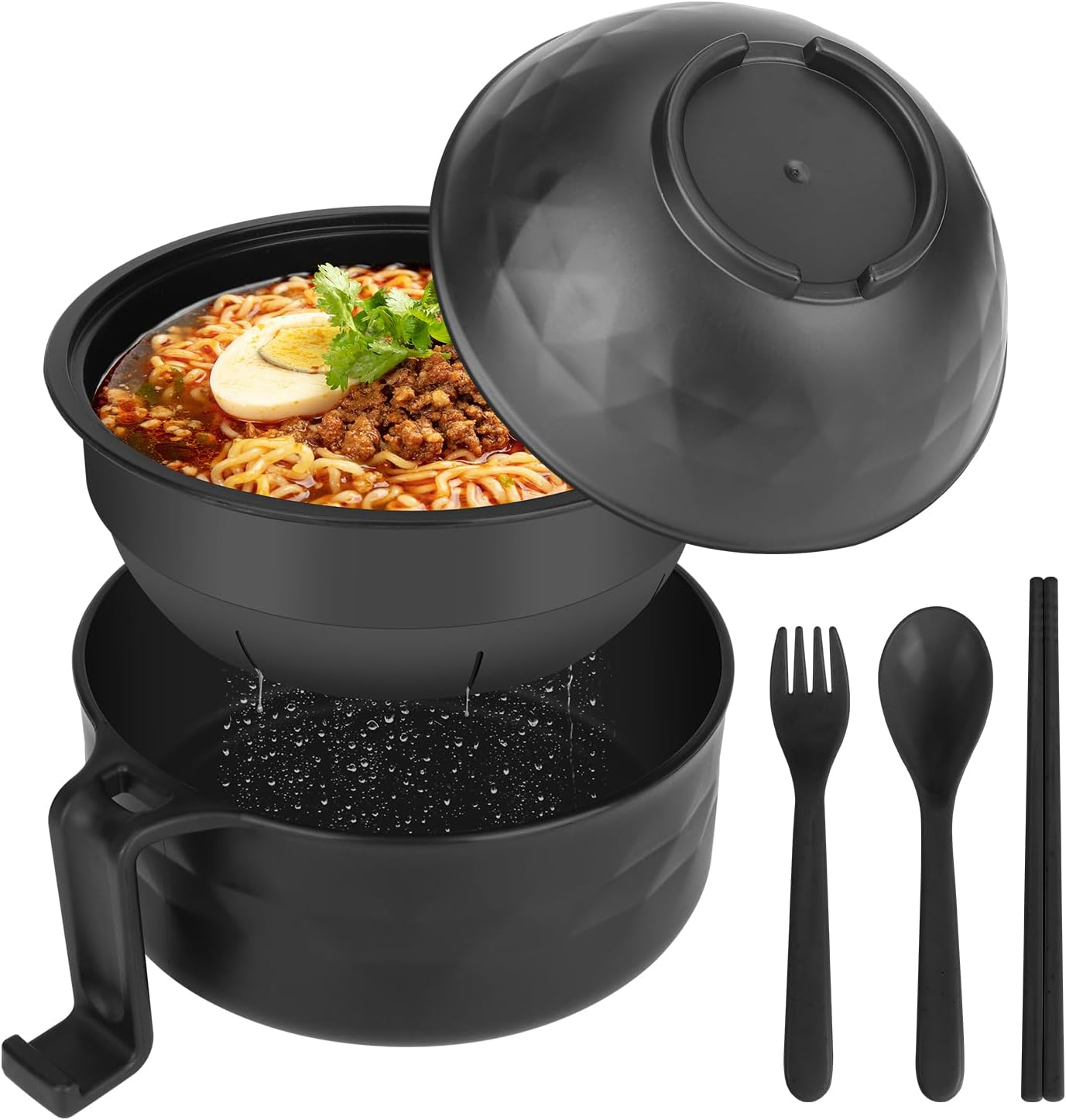 Ramen Bowl Set, Ramen Cooker 33 oz, Ramen Bowls with Chopsticks and Spoon, Microwave Pasta Cooker, College Dorm Essentials for Girls Guys Black