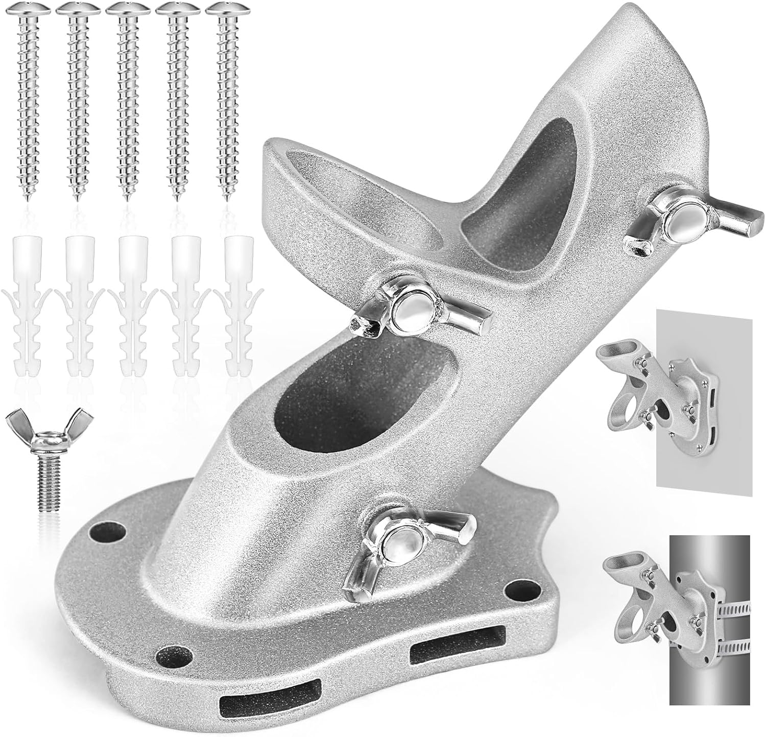 Flag Pole Holder, Flag Pole Brackets Mount Outside House Heavy-Duty Aluminum Metal Rust Proof Bracket 1" Inner Diameter 2 Positions with Hardwares for Outdoor Wall Mounting Porch Silver-1 Pack