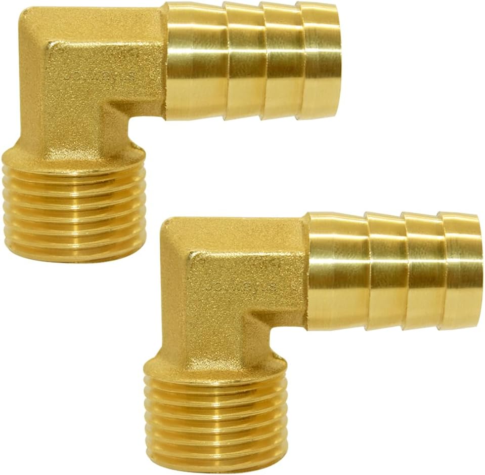 Brass Hose Fitting, 90 Degree Elbow, 1/2" Barb x 3/8" NPT Male Pipe Water/Fuel/Air Pack of 2