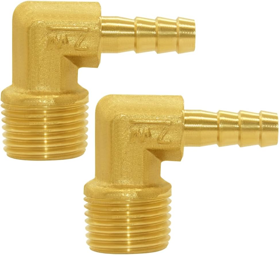 Brass Hose Fitting,90 Degree Elbow,1/4" Barb x 3/8" NPT Male Pipe Water/Fuel/Air Pack of 2