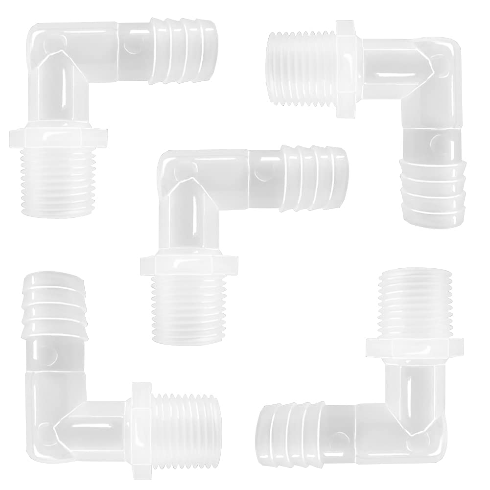 Plastic Hose Barb Fittings 90°Elbow 3/8" Hose Barb x 1/2" Male NPT Barbed Adapter Pipe Connectors Joint Splicer Mender Adapter Union Pack of 5