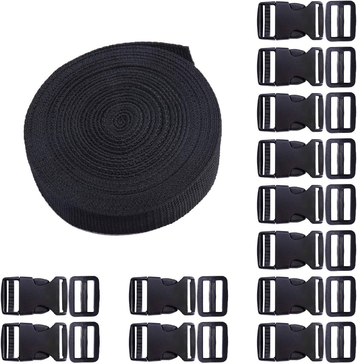 Plastic Buckle Kit Nylon Strap with Quick Release Buckle 12 Sets 1 Inch and Tri-Glide Slides with 11 Yards Nylon Strapping 1 Inch Black