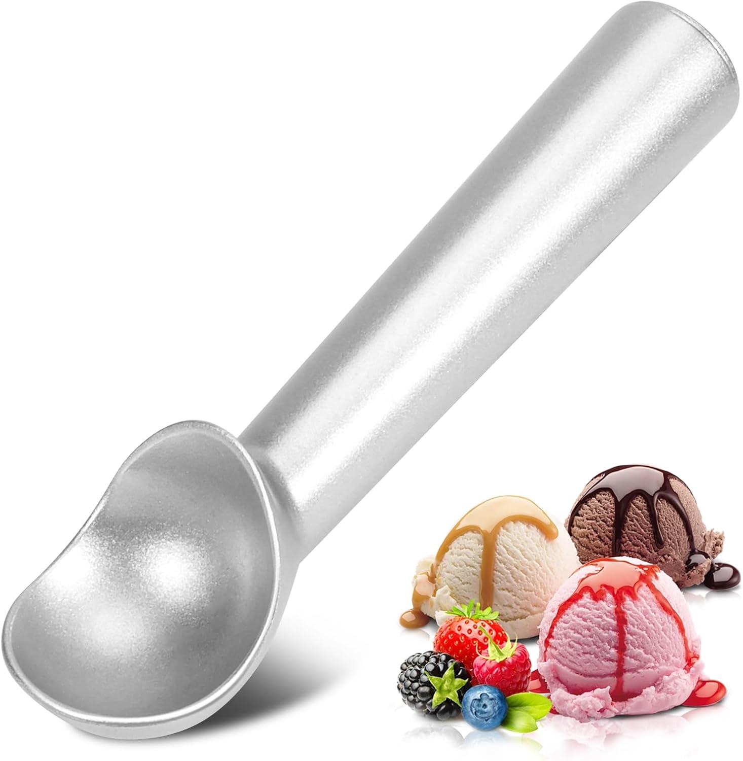Ice Cream Scoop,7 inches Nonstick Anti-Freeze One Piece Aluminum Scooper Spoon, Heavy Duty Durable Design, Easy Clean, for Gelato, Cookie Dough, Sorbet, Almond Silver