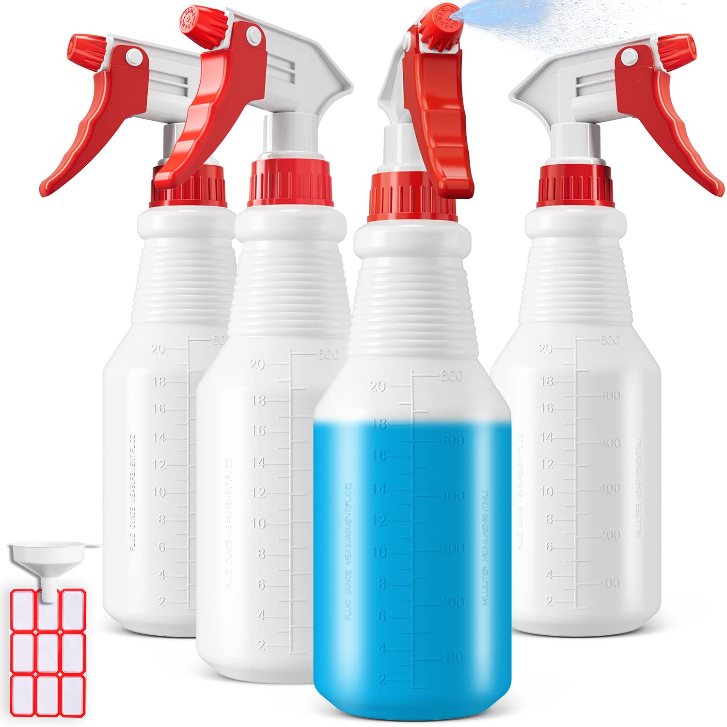 Spray Bottles 4 Pack, 24 Oz Refillable Empty Plastic Water Spraying Bottle for Cleaning Solutions, Hair Spray, Car Detail, Watering Plants, Heavy Duty Mist Stream Sprayer with Measurement