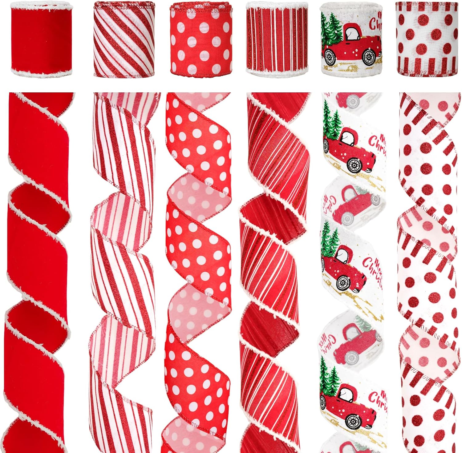 Christmas Ribbon Wired 2.5" x 30 Yards Red and White Ribbon for Christmas Tree Ribbon 6 Rolls Red White Wired Candy Cane Ribbons for Crafts Gift Wrapping Wreath Holiday Decor