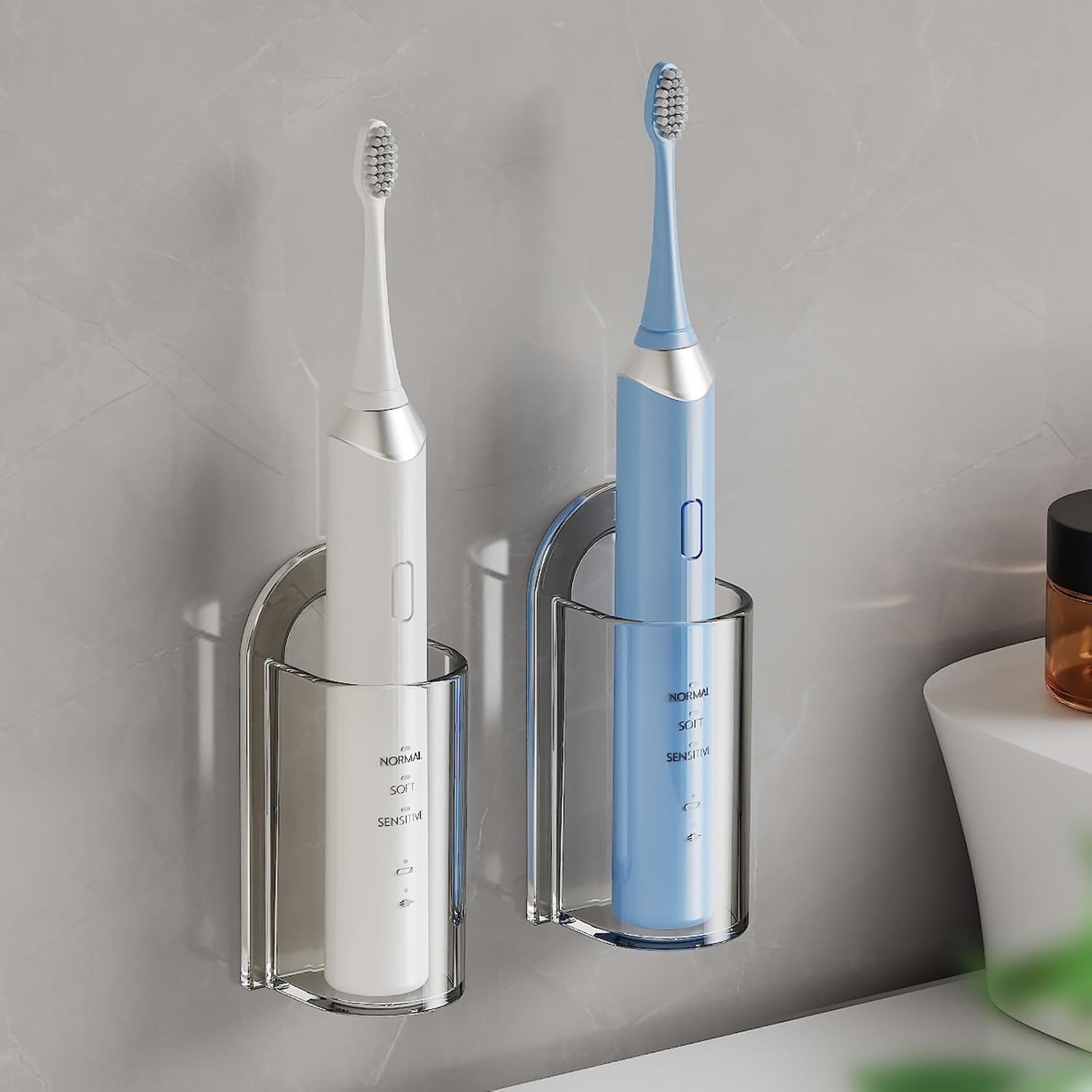 Electric Toothbrush Holders, Wall Mounted Tooth Brushing Holder for Bathroom, Self Adhesive Electric Toothbrush Organizer Space Saver 2Pcs Clear