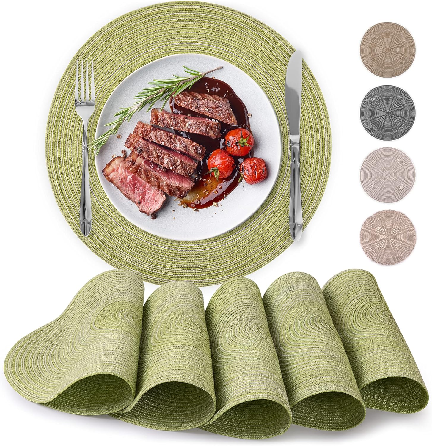 15 Inch Round Placemats for Dining Table Set of 6 - Braided Round Place Mats & Anti-Skid Placemat - Heat Resistant Round Woven Placemats & Table Mats for Dining Green