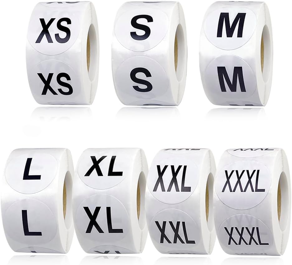 3500 Pcs Clothing Size Stickers, 1 Inch Round Self Adhesive, 7 Sizes XS-S-XXXL for T Shirts Black