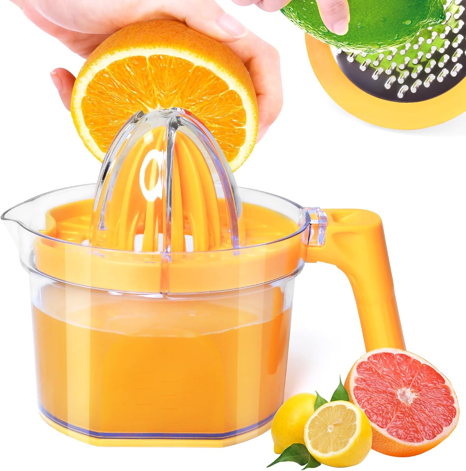 Lemon Squeezer 4-in-1 Lemon Hand Juicer - Manual Orange Juicer Multifunctional Lemons Lime Squeezer, Citrus Juicers Press Fruit with Detachable Comfortable Handle, 16.9oz Capacity ORANGE