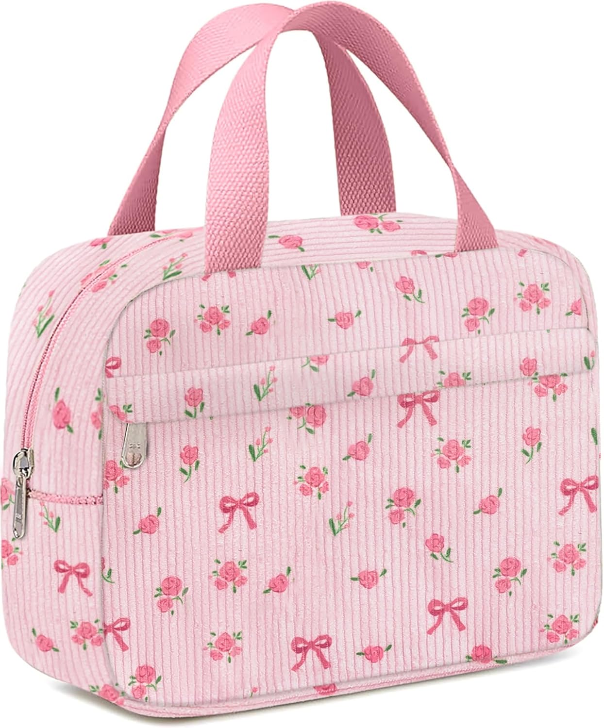 Small Makeup Bag for Purse Cute Corduroy Cosmetic Pouch with Zipper Travel Toiletry Bag for Women Flower bow pink