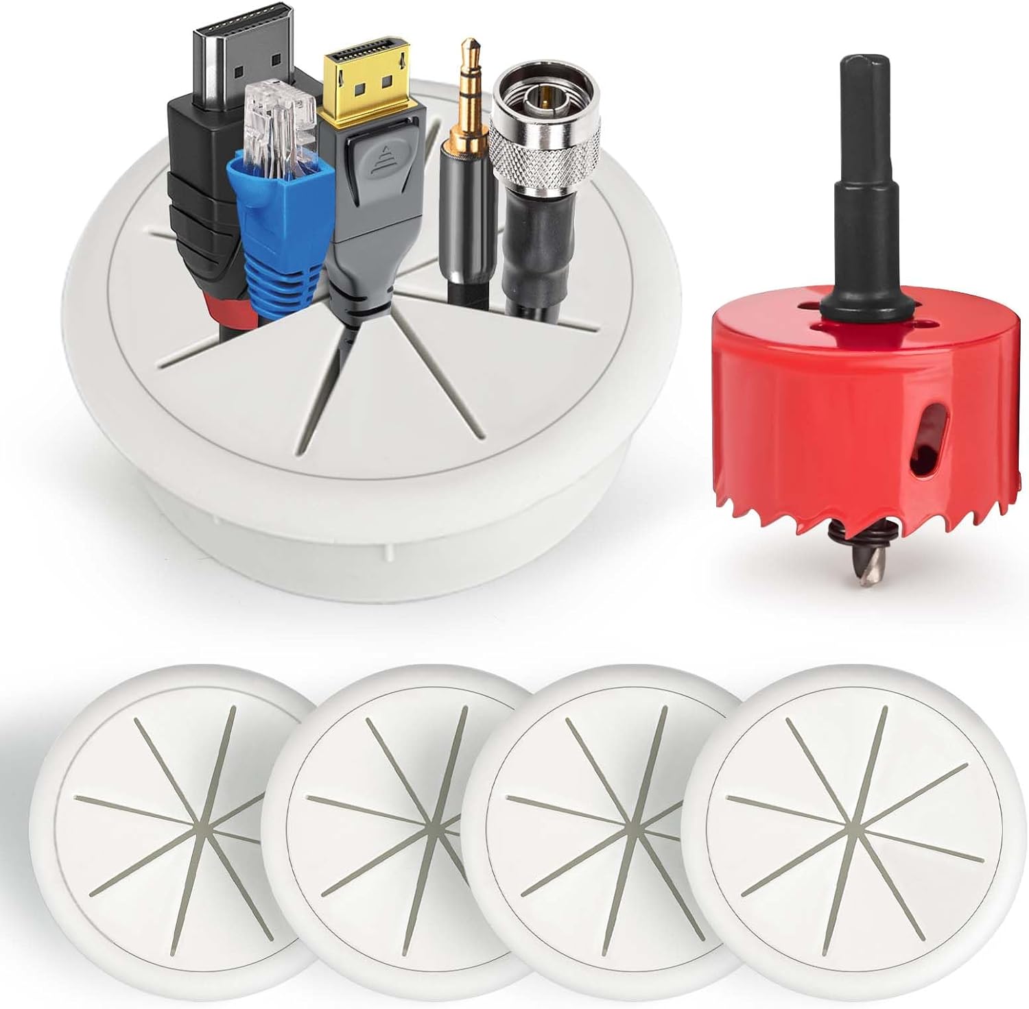 6Pcs TV Cord Hider for Wall Mounted TV 2.36in 60mm TV Wire Hider Cable Grommet Cable Hole Cover with Hole Saw Drill Attachment, in Wall Cable Management Kit for Office and Home Table Cable