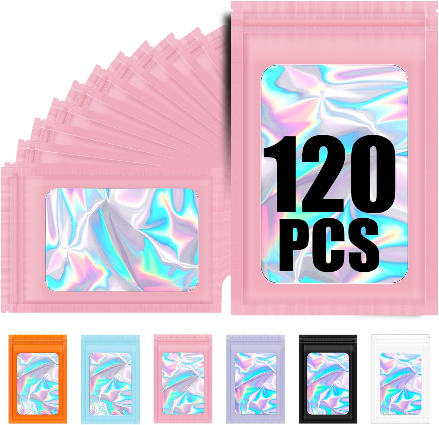 120PCS Smell Proof Mylar Bags,4"x6" Resealable Bag for Small Business,Holographic Packaging Bags with Clear Window,Foil Pouch Sample Snack Candy Jewelry Bag for Party Favors Pink