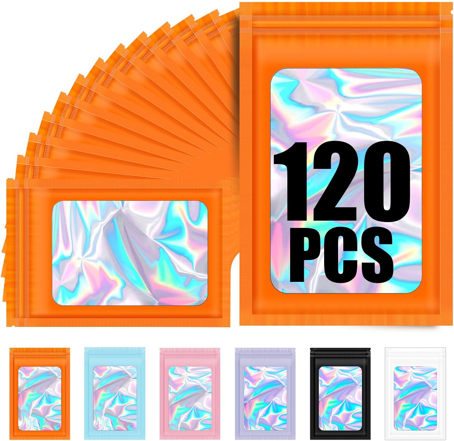 120PCS Smell Proof Mylar Bags,7.8"x11.8" Resealable Bag for Small Business,Holographic Packaging Bags with Clear Window,Foil Pouch Sample Snack Candy Jewelry Bag for Party Favors Orange