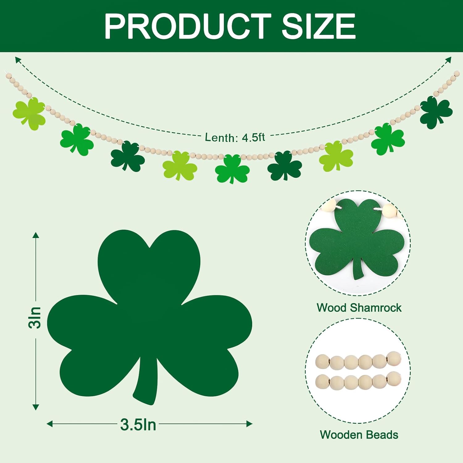 4.5 FT St.Patrick’s Day Shamrock Garland for Decorations, Wood Green Garland with Beads NO DIY, Clover St Patricks Banner Garlands for Mantle, Fireplace, Party Home Decor Shamrock