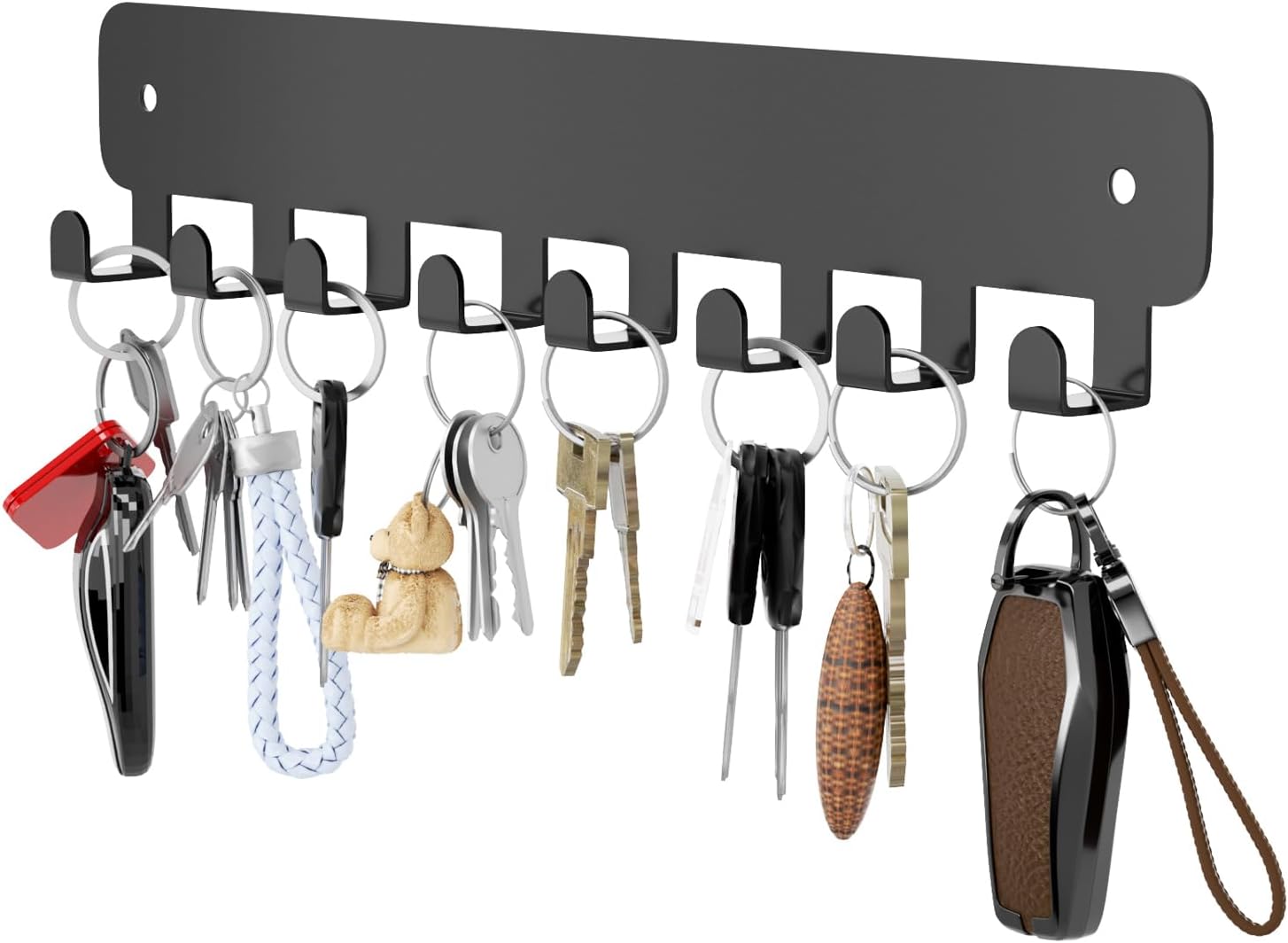 8 Hook Metal Key Rack Black Self-Adhesive or Screw Mount for Kitchen Office Hallway
