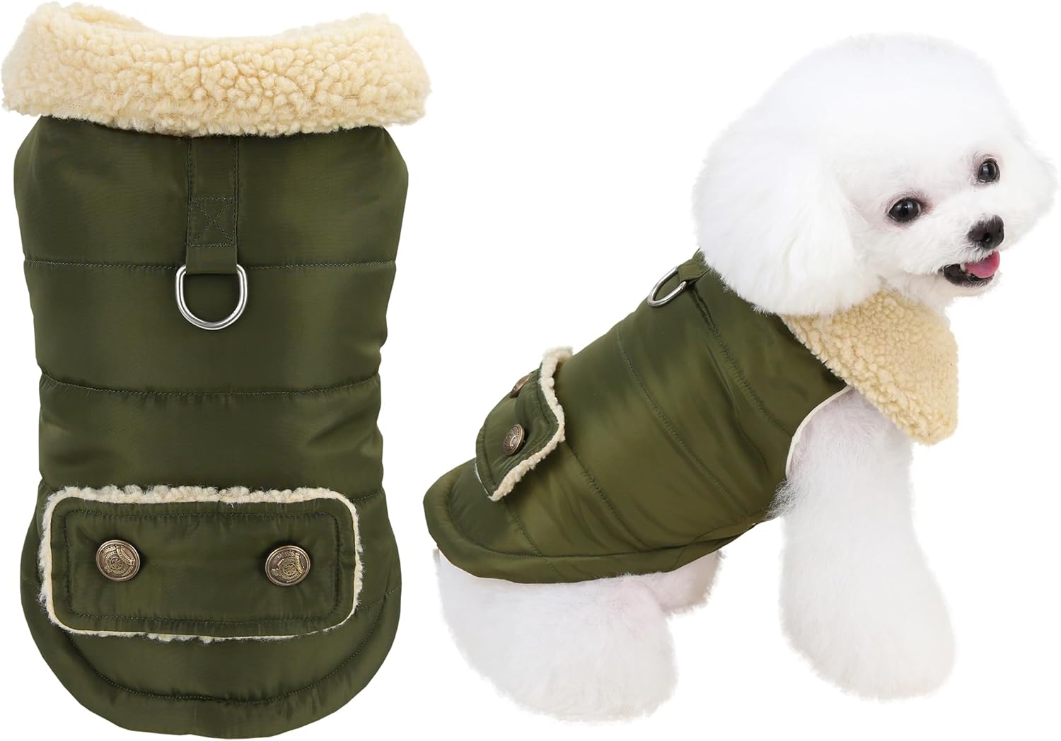 Winter Dog Jacket Warm Puppy Coat Military Green Size M for Cold Weather