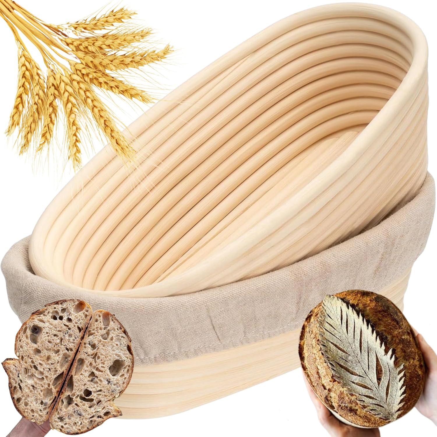 Bannet Bread Proofing Basket 2 pack 10 inch Oval Basket with Liner, Bread Proofing Basket Perfect for Professial & Home Sourdough Bread Baking, Artisan Sourdough Bread Set of 2 pack 10" Oval