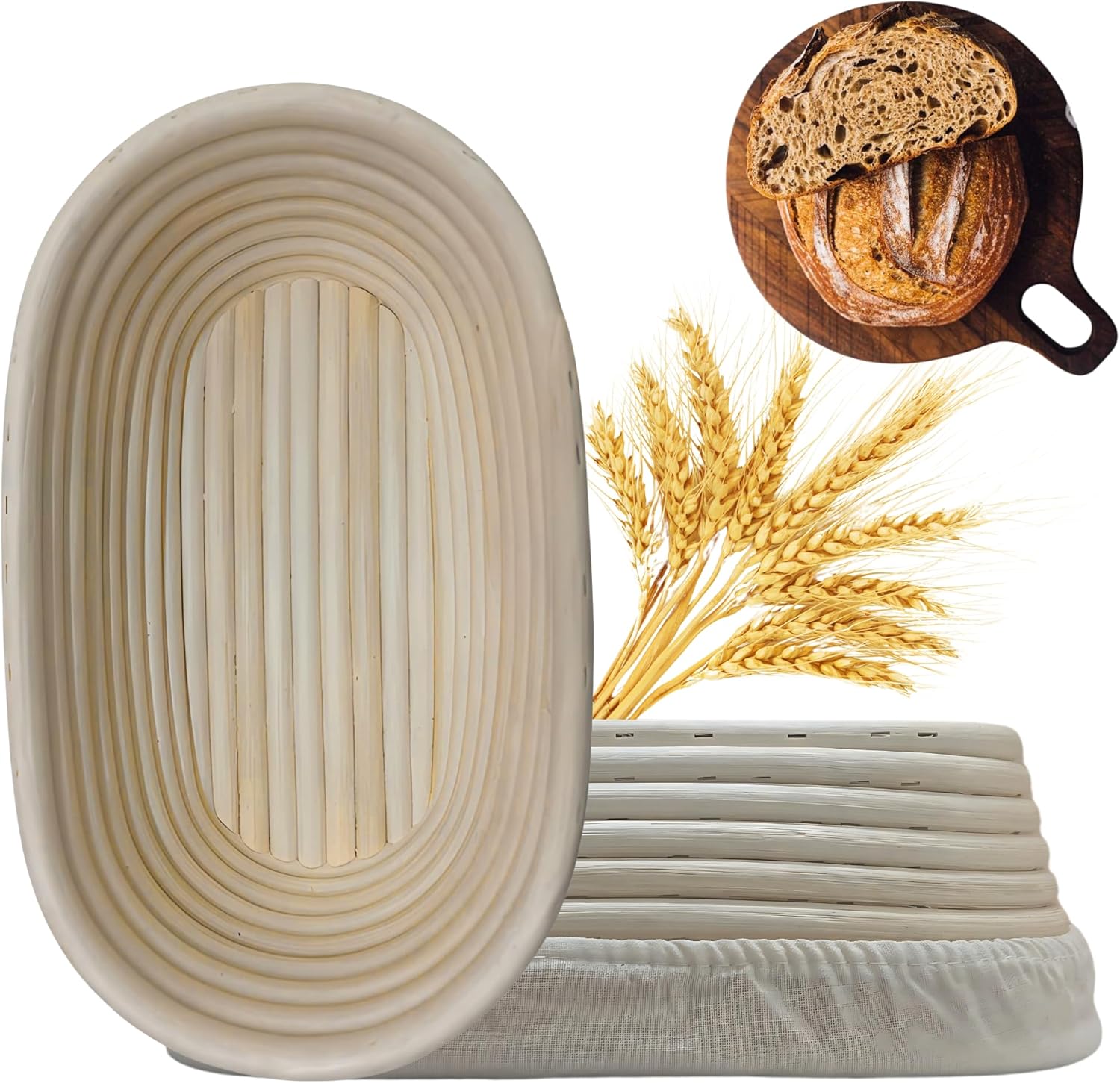 Upgraded Bannet Bread Proofing Basket 2 pack 10" Oval With Liner, Natural Rattan Bread Basket Perfect for Professial & Home Sourdough Bread Baking, Artisan Sourdough Bread. Set 2 pack 10" Oval
