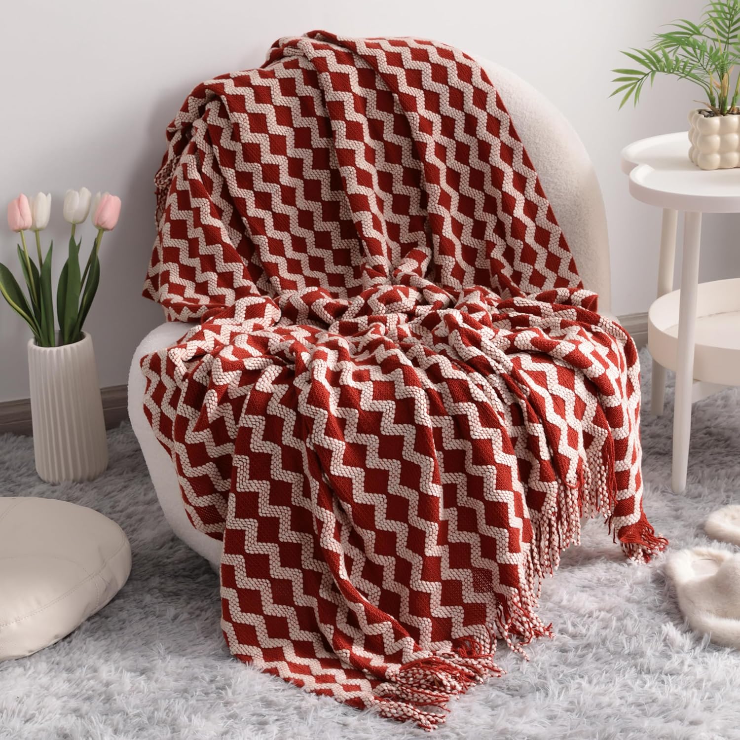 Acrylic Knitted Throw Blanket, Lightweight and Soft Cozy Decorative Woven Blanket with Tassels for Travel, Couch, Bed, Sofa, 51x67 Inches, Red and White Striped