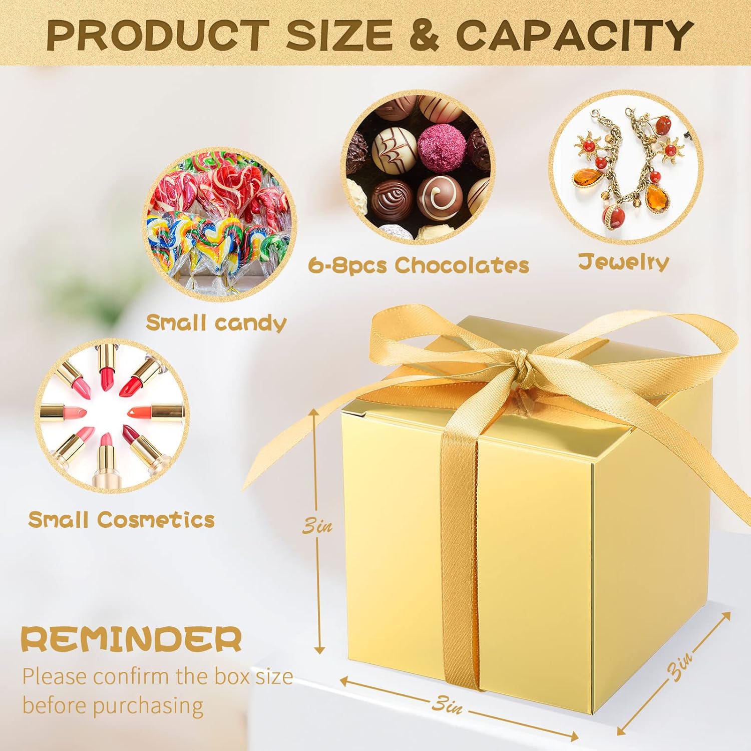 Glenmal 200 Pcs Small Gift Boxes 3 x 3 x 3 Inches Bulk Wedding Favor Candy Boxes with Ribbons Kraft Baby Shower Decorations for Wedding Baby Shower Bridal Shower Birthday Party Gold