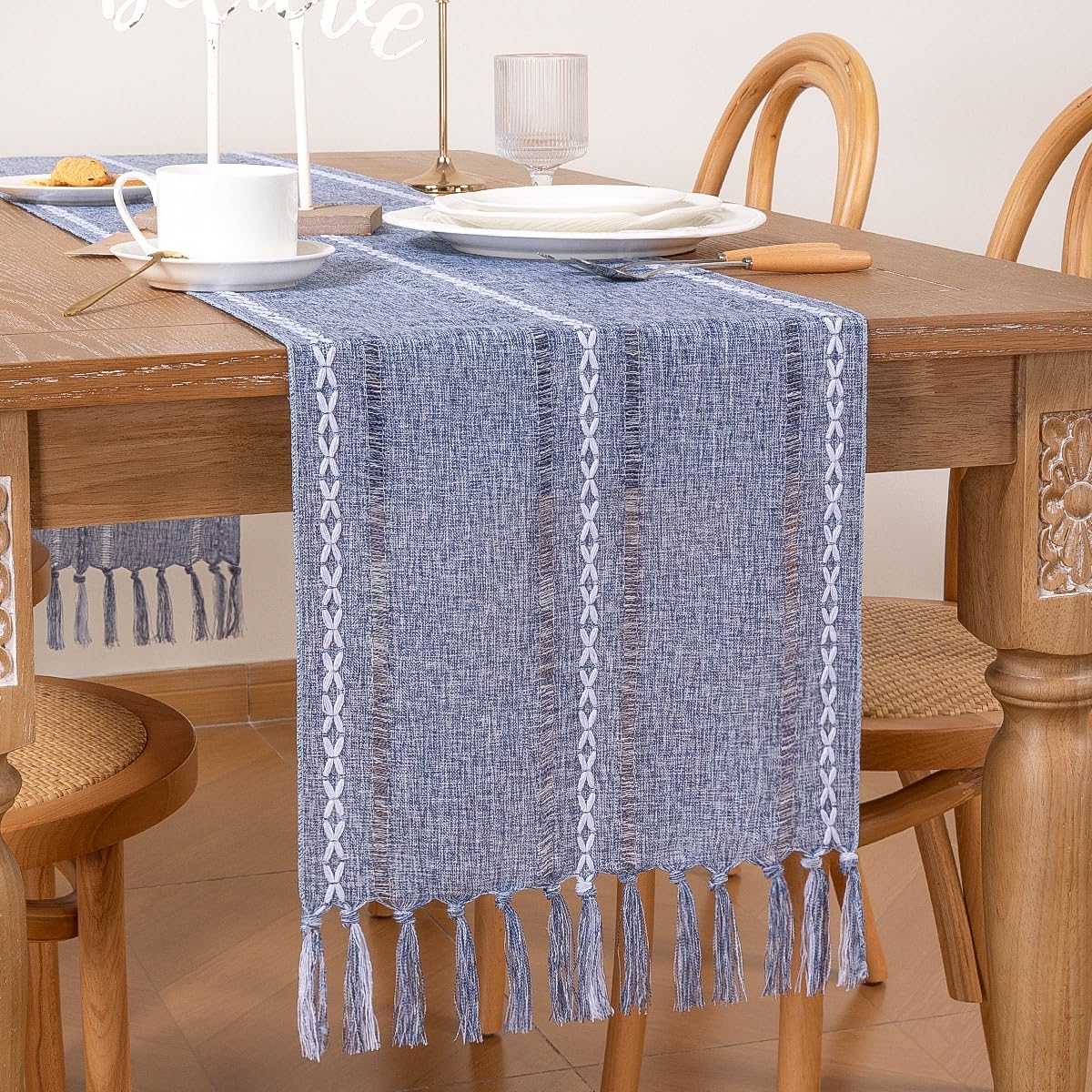 Farmhouse Table Runner 108 inches Macrame Woven Coffee Table Runner Cotton Rustic Fall Thanksgiving Table Runner with Tassels for Boho Home Decor Living Dining Room 13x108 inches Dusty Blue
