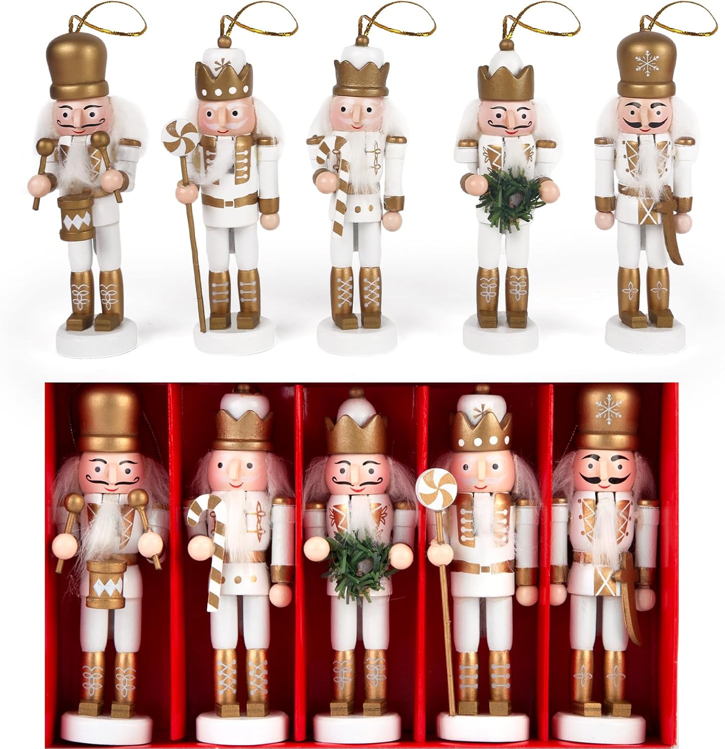 5PCS Nutcracker Christmas Decor, Wooden Nutcracker Hanging Ornaments Soldier for Christmas Tree Gift Shelves Table Decoration 5inch