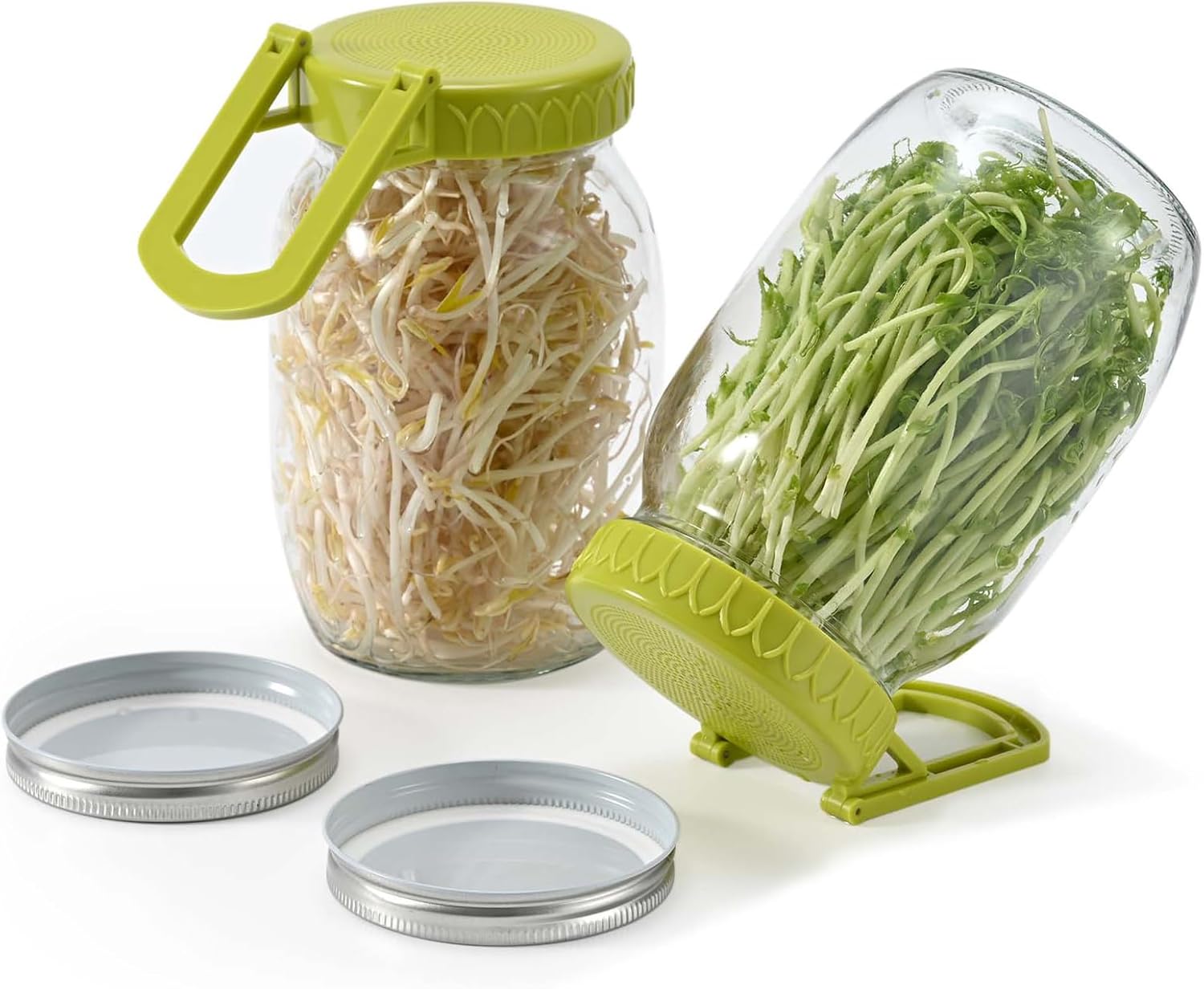 Complete Sprouting Kit - 2 Large Wide-Mouth Mason Jars 32 Oz, 2 Foldalbe Screen Lids with Draining Stand, 2 l Canning Lids, Bean Sprouts Grow Kit for Broccoli alfalfa