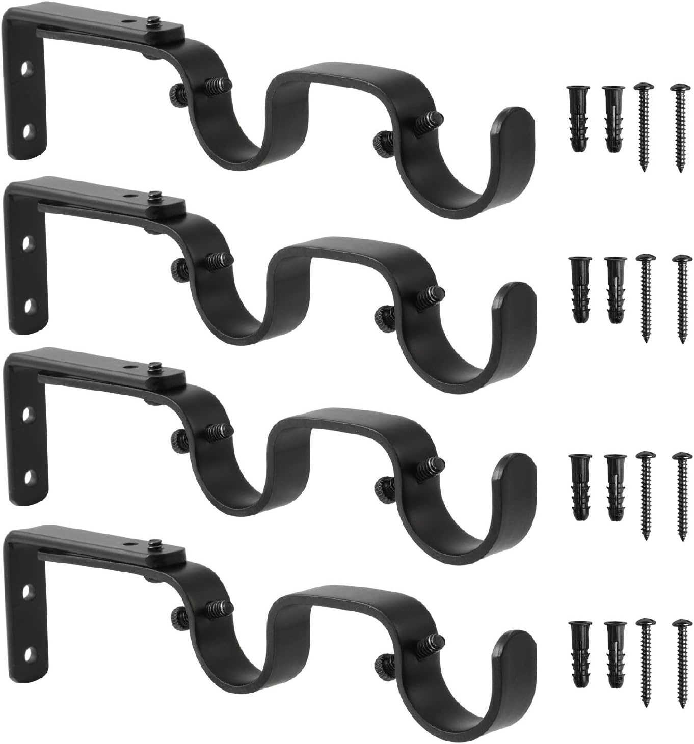 Heavy Duty Curtain Rod Brackets - Adjustable Double Rod Holders, 1 Inch 4 PCS, Black